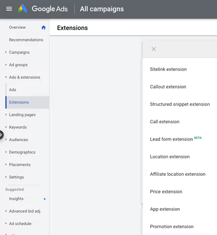 Google ads campaigns extension option