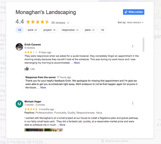 Monaghan's Landscaping google reviews