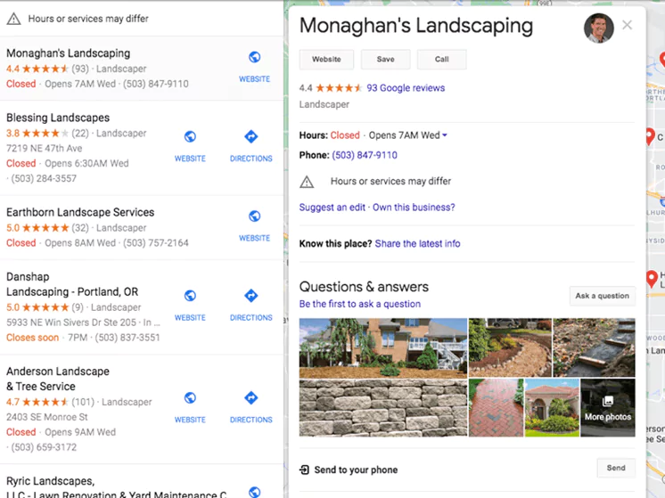 Monaghan's Landscaping google my business profile