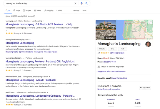 Monaghan's Landscaping SERP and Google my business profile