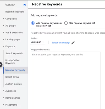 google ads negative keywords option