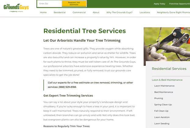 Residential tree Service page of Ground Guys website