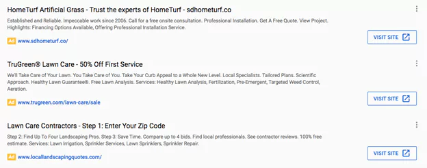 Google ads screenshot of lawn care