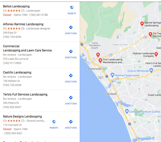 landscaping and lawn care local service site lists on google maps