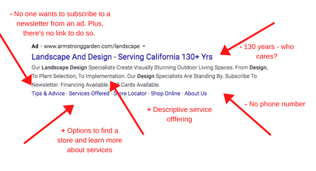 Screenshot of Landscape and design ads on google by Aquaterra Digital Agency