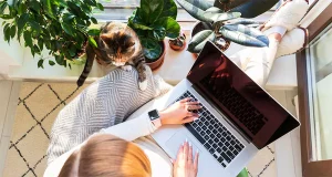 Woman working remotely on a laptop surrounded by indoor houseplants and a cat, sitting on a cozy window seat in natural sunlight
