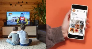 Side-by-side image showing traditional marketing with kids watching TV and modern digital marketing with a person browsing Instagram—illustrating the shift from old advertising methods to social media marketing for landscape companies.