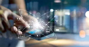 Digital marketing network icons emerging from smartphone representing online advertising strategies for lawn care businesses
