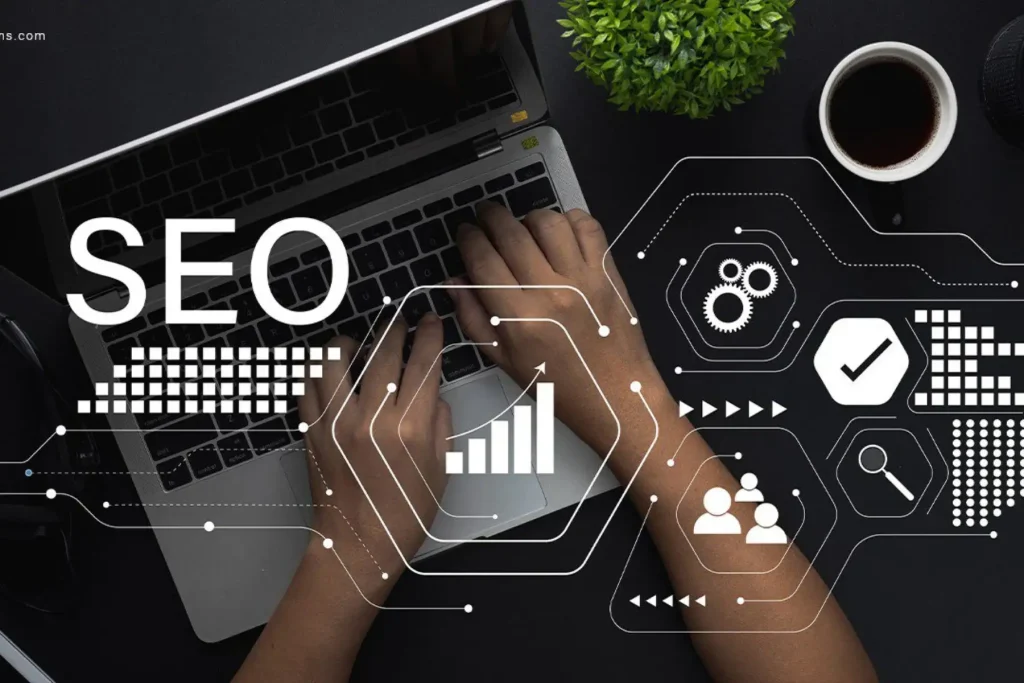 A person works on a laptop with SEO graphics overlaid, symbolizing digital marketing and search engine optimization.