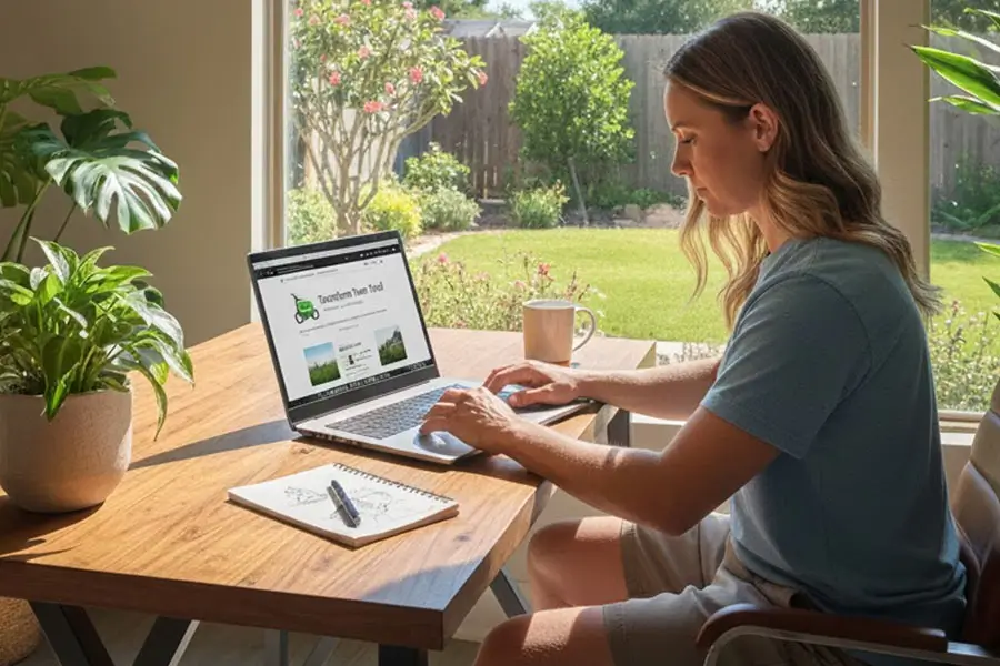 Lawn care business owner planning digital advertising strategy on laptop during slow season