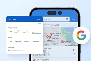 A smartphone displaying Google Maps local search results with filters and star ratings, illustrating how service area keywords and Google Business Profile optimization improve local SEO visibility.