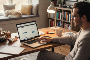 Lawn care business owner working on advertising campaigns and marketing strategy during the slow season from home office