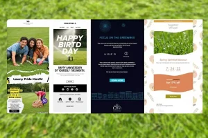 Landscaping email marketing examples showing seasonal lawn care promotions and customer engagement campaigns for local landscaping businesses