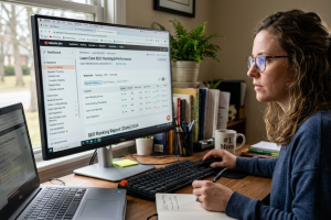 A person works on a computer reviewing SEO data and keyword rankings for lawn care services, analyzing performance metrics to improve online visibility.