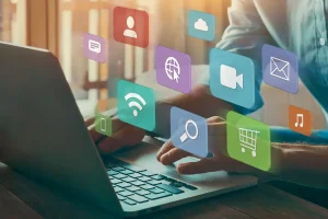 Landscaping digital marketing strategy on laptop with SEO, social media, email, and eCommerce icons for generating landscaping leads and bookings