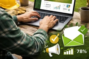 landscaping email marketing strategy on laptop with analytics dashboard showing open rates growth and lead generation performance for lawn care business