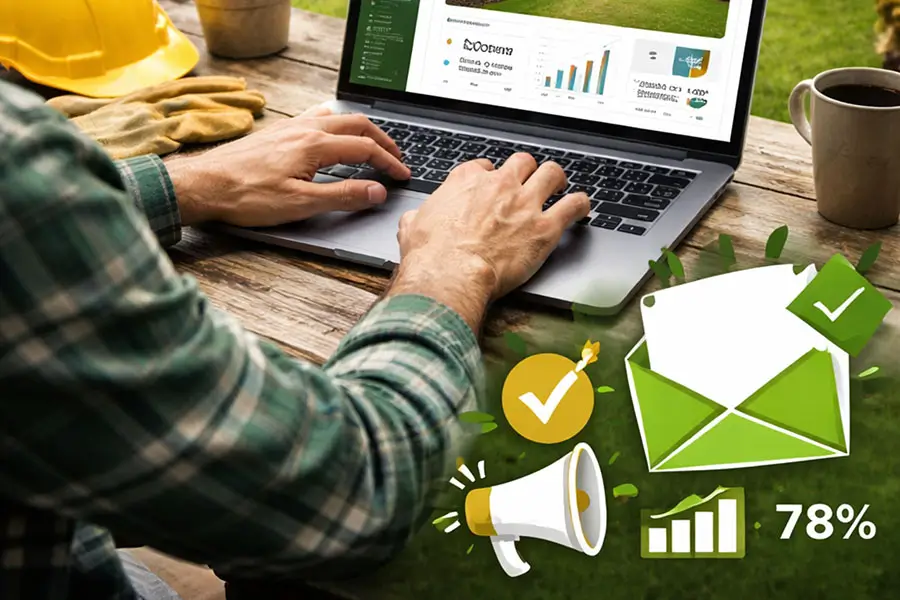 landscaping email marketing strategy on laptop with analytics dashboard showing open rates growth and lead generation performance for lawn care business