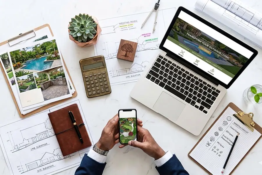 Digital marketing workspace with laptop, smartphone, analytics notes, and strategy planning materials for growing businesses and online marketing campaigns