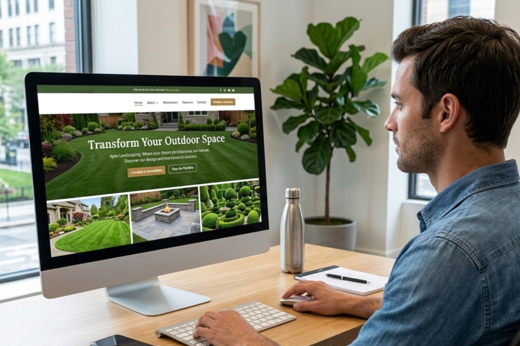Landscaping business owner reviewing a professional lawn care website design on a desktop computer.