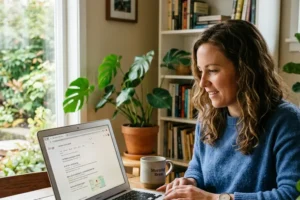 Homeowner searching for landscaping services online from a laptop at home, showing local landscaping SEO, Google search visibility, and customer website engagement for landscaping businesses