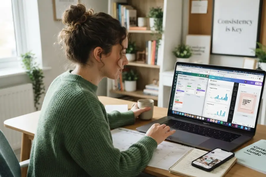 Professional social media manager creating engaging social media content for a local sprinkler business to increase online visibility and customer engagement.
