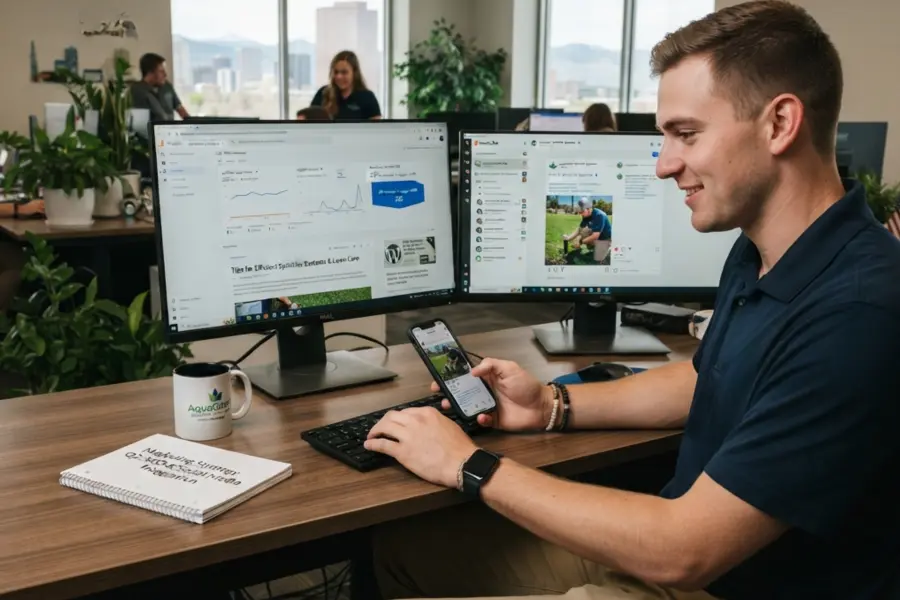 A person working at a desk with dual computer monitors displaying website analytics and social media content while using a smartphone in a modern office environment.