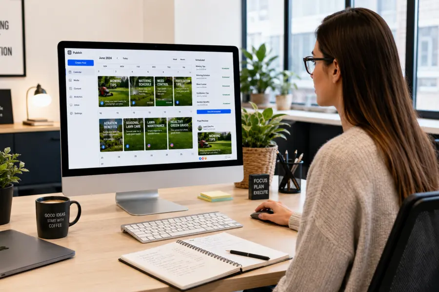 A digital marketer planning and scheduling lawn care social media content on a desktop computer, with posts focused on mowing, watering, weed control, and lawn care tips.