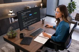 Digital marketer reviewing a landscaping company’s Google Business Profile and local search information on a desktop computer.