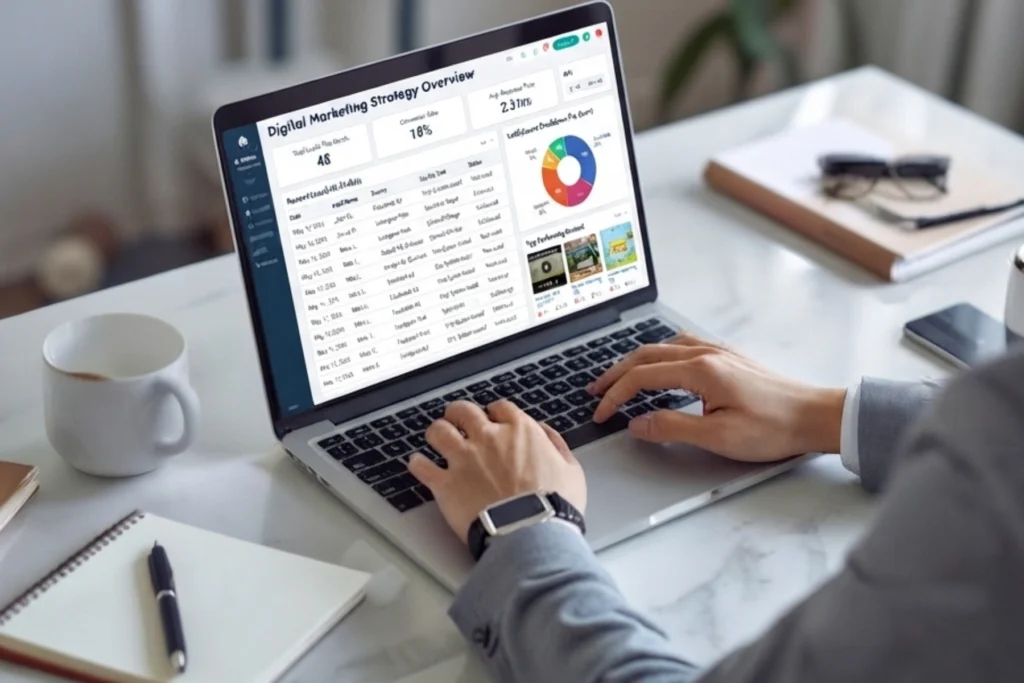 Hands typing on a laptop showing a marketing analytics dashboard, with a coffee mug and notebook on the desk beside it.