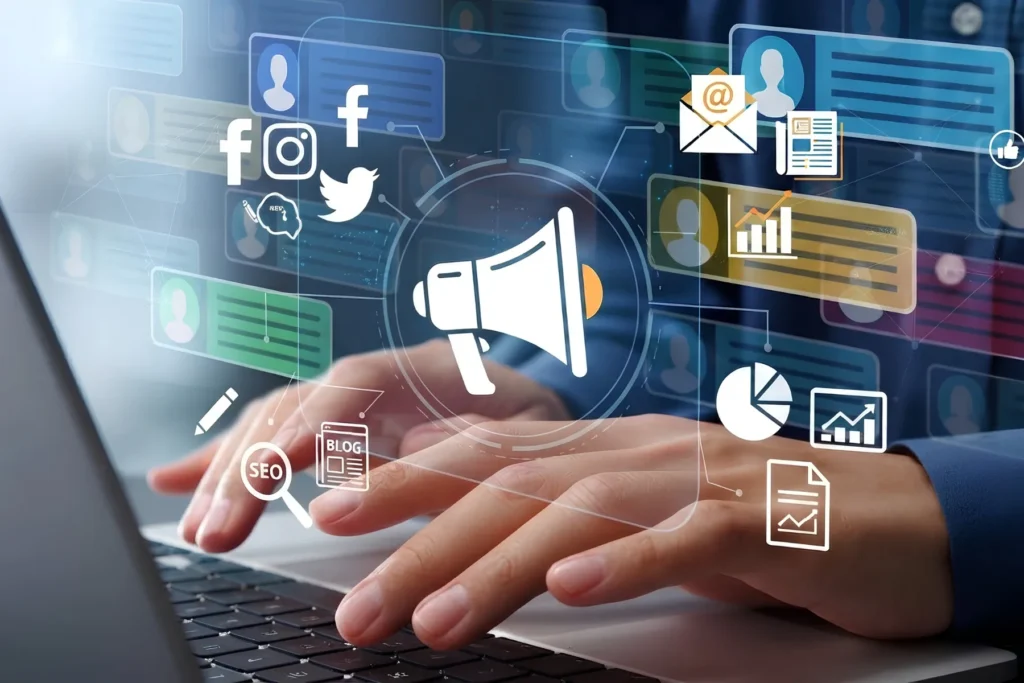 Digital marketing professional using a laptop with social media, SEO, email, content, and online advertising icons.