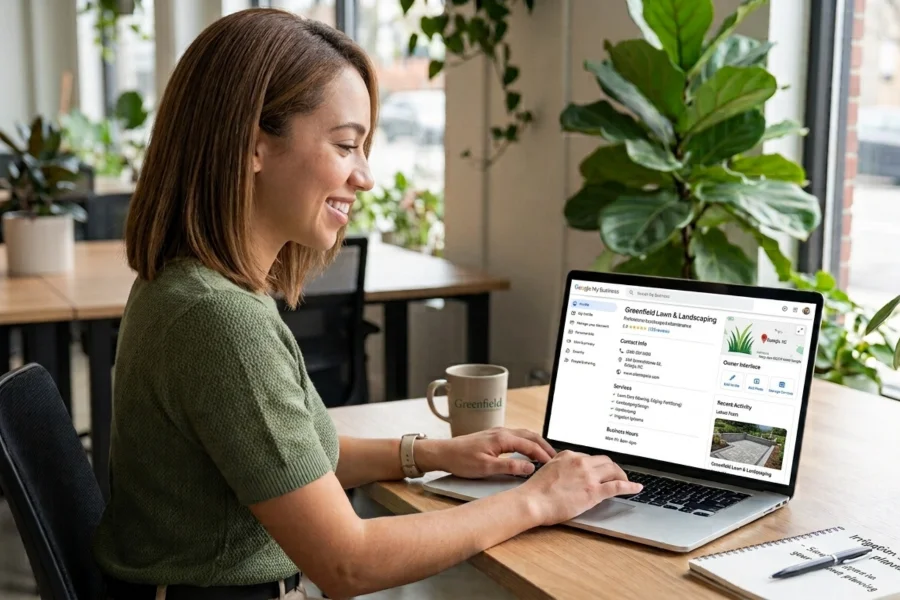 Landscaping business owner managing a Google Business Profile on a laptop to improve local SEO, attract customers, and generate more landscaping leads.